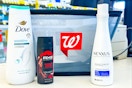 dove, axe and nexxus products next to walgreens basket