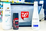 dove, axe and nexxus products next to walgreens basket