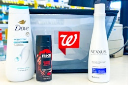 dove, axe and nexxus products next to walgreens basket