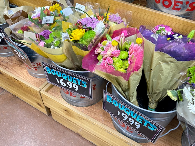 bouquets in buckets at trader joes at different price points