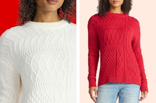 2 stock images of a model wearing a white and red Time and Tru women's sweater