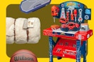 Cozy Haven beige blanket, Wilson Basketball, blue and gray Altec Lansing speakers, Spider-Man tool set
