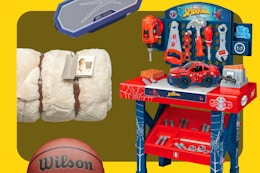 Cozy Haven beige blanket, Wilson Basketball, blue and gray Altec Lansing speakers, Spider-Man tool set