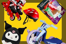 Sanrio squishmallow, character trikes, BBC Earth science kit, roller blade and helmet