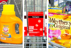 collage image of arm & hammer detergent, neutrogena acne patches, and werthers caramels