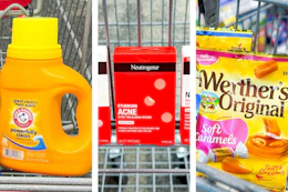 collage image of arm & hammer detergent, neutrogena acne patches, and werthers caramels