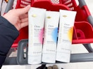 3 dove cream serums sitting on top a target cart