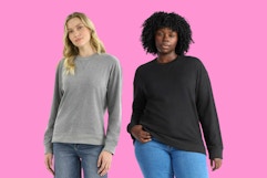 2 women wearing Time and Tru crewneck sweaters