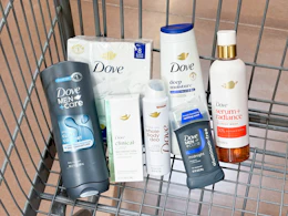 7 dove personal care products sitting in a walmart cart
