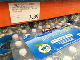 one 40-pack of Kirkland water bottles, sold at Costco is shown in the lower-right two-thirds of the image. A price tag reads $3.39.