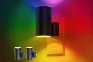 A color-changing night light is plugged into a wall. Two smaller lights are pictured below it.
