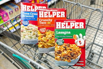 boxes of hamburger helper in shopping cart