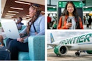 a couple sitting in an airport on their laptops, a woman standing at the Frontier gate looking at her phone, and a Frontier plane