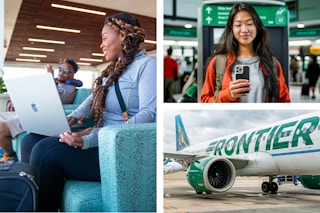 a couple sitting in an airport on their laptops, a woman standing at the Frontier gate looking at her phone, and a Frontier plane