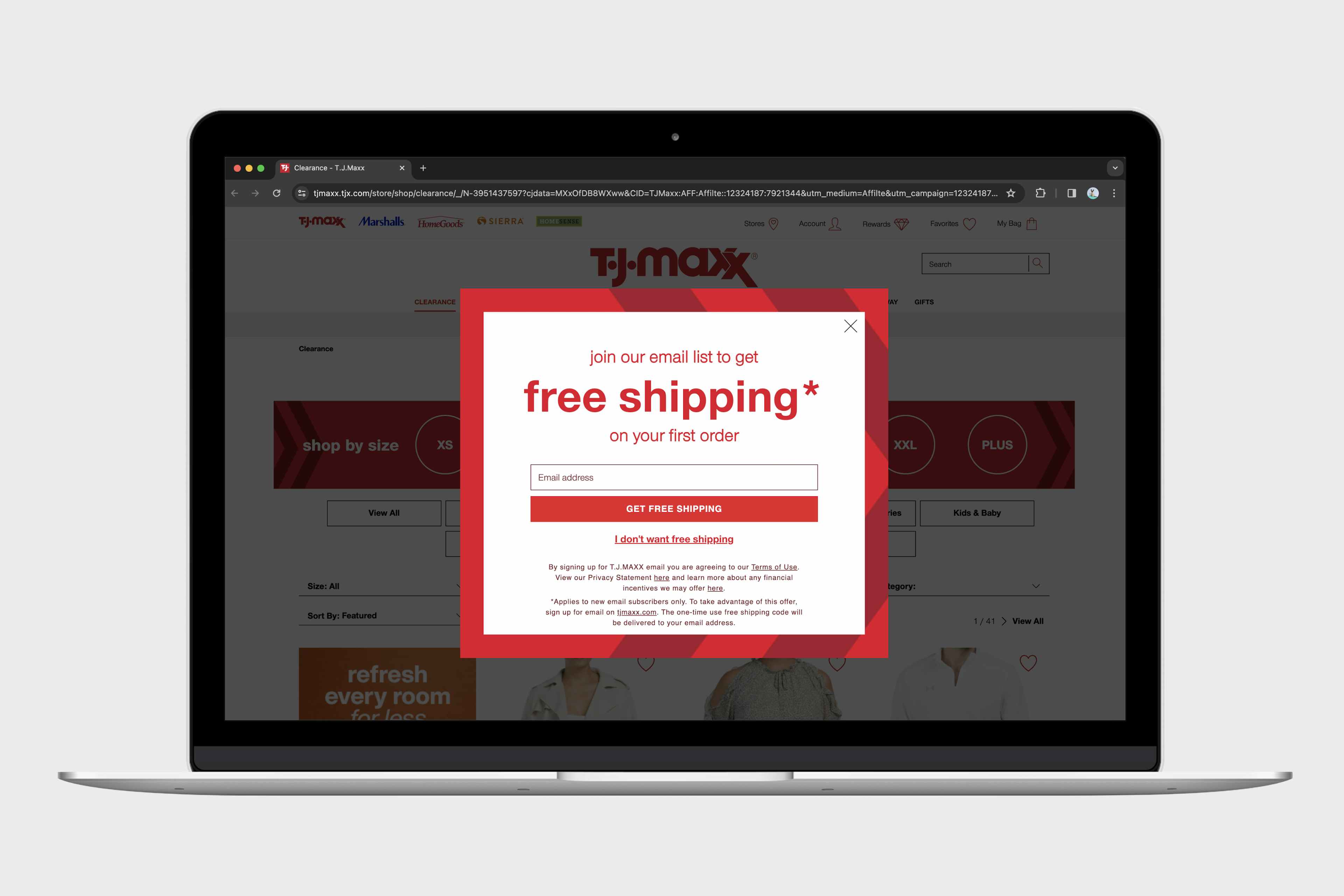 a sign up for the newsletter for free shipping on the TJMaxx website
