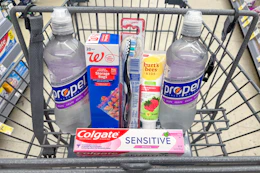 walgreens propel, storage bags, burt's bees, colgate products in shopping cart