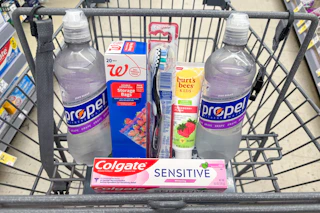 walgreens propel, storage bags, burt's bees, colgate products in shopping cart