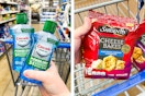 hand holding two bottles of cascade rinse aid and a hand holding a bag of Sargento crackers