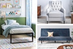 3 lifestyle images of DHP furniture: Twin Bed, Accent Chair & Futon