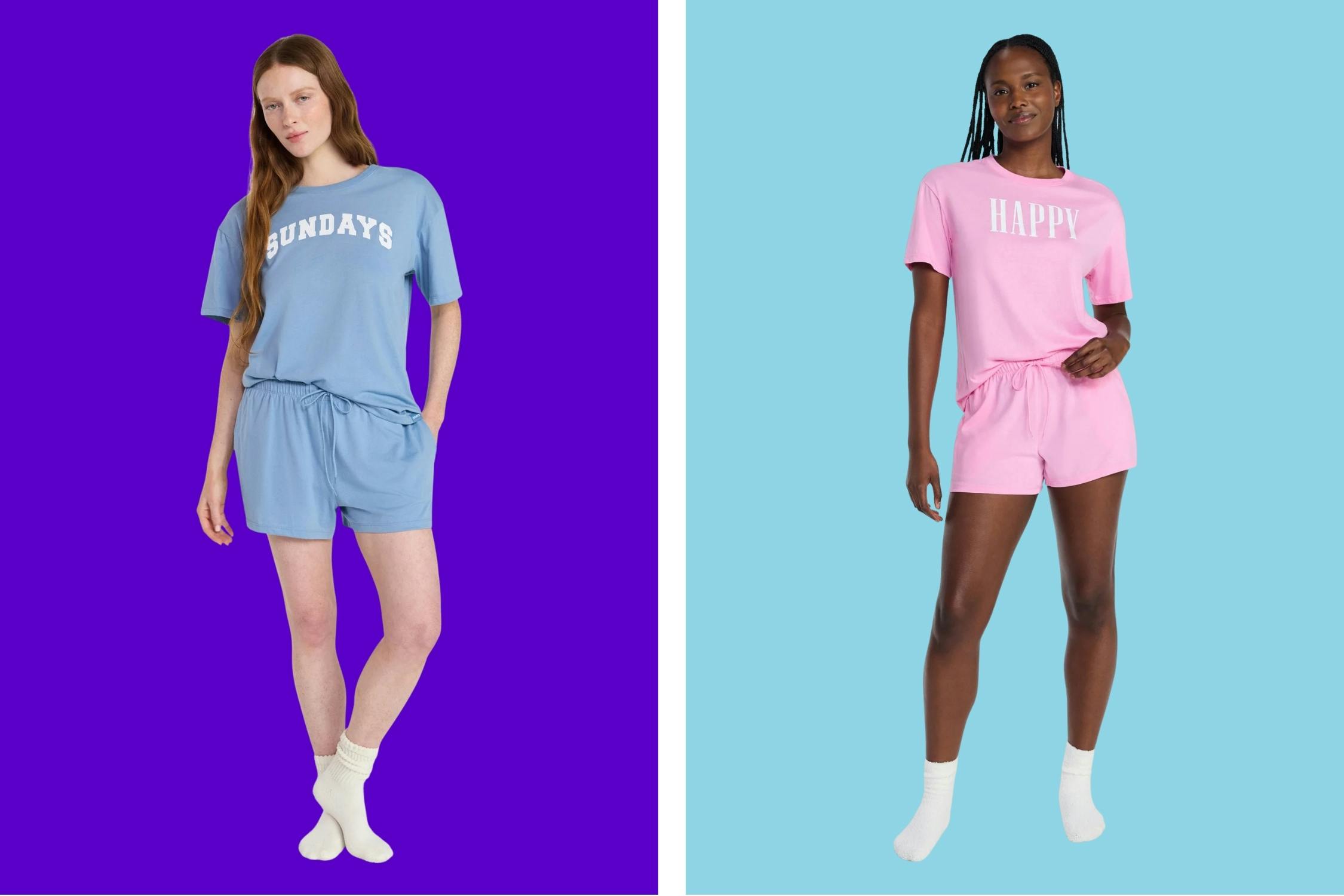 Women's Joyspun Pajama Set in blue "sundays" and pink "happy"