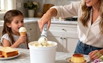 a mom scooping ice cream out off a bucket next to a little kid with an ice cream cone