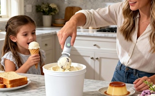 a mom scooping ice cream out off a bucket next to a little kid with an ice cream cone