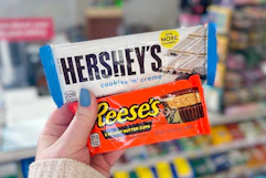 hand holding hershey reese's candy bars