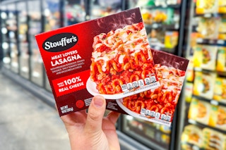 hand holding stouffer's frozen lasagna