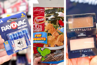 collage with rayovac batteries, maybelline eyeshadow, tyson nuggets