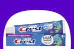 crest advanced kids toothpaste on blue and white background