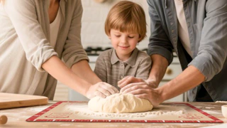a family rolling dough on a silicone baking mat