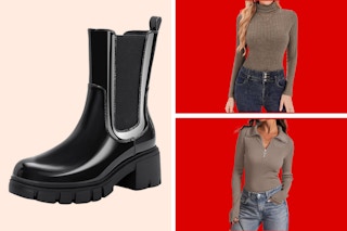a collage of long-sleeve shirts and a boot