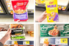 dollar general michael angelo's, eggo, tyson, smithfield clearance 4-photo collage