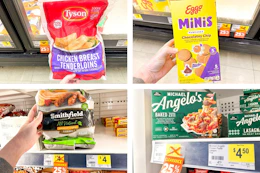 dollar general michael angelo's, eggo, tyson, smithfield clearance 4-photo collage