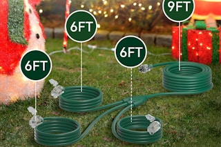 addlon 27FT Outdoor Extension Cord with Multiple Outlets on a front lawn with Christmas decorations.