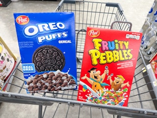 oreo puffs and fruity pebbles cereal in walgreens cart
