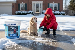 a girl and dog in front of a home pouring ice melt