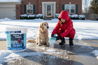 a girl and dog in front of a home pouring ice melt