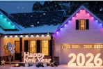 lemonlovely Permanent Outdoor Lights, 150ft on a house for New Year's Eve.