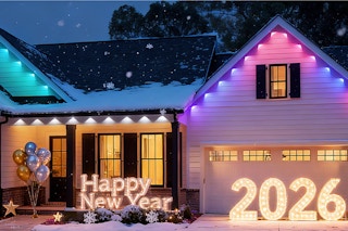 lemonlovely Permanent Outdoor Lights, 150ft on a house for New Year's Eve.
