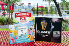 Smirnoff, Guinness, and Captain Morgan products in a pool area