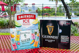 Smirnoff, Guinness, and Captain Morgan products in a pool area