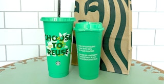 starbucks 2023 earth day cold and hot reusable cups on table
