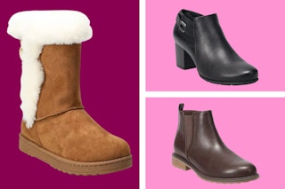 Kohl's women's boots on a maroon and pink collage background. 