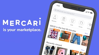 A graphic of a phone displaying the Mercari app on a purple background with the text "Mercari is your marketplace"