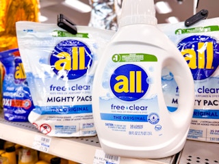 all detergent and mighty pacs on shelf