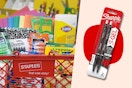 An images of a staples shopping basket filled with school supplies next to an image of sharpie gel pens 