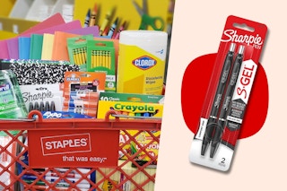 An images of a staples shopping basket filled with school supplies next to an image of sharpie gel pens 