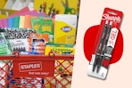 An images of a staples shopping basket filled with school supplies next to an image of sharpie gel pens