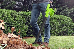 person using leaf blower on a pile of leaves
